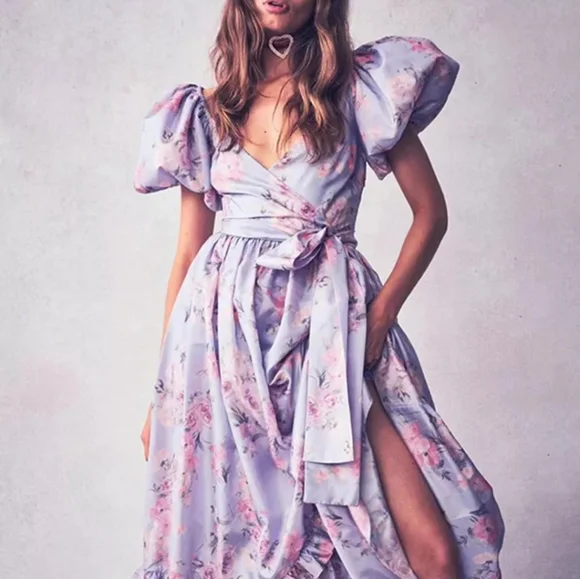 Lilac Floral Puff Sleeve High Waist Surplice Maxi Dress with Bow - Picture 2 of 16